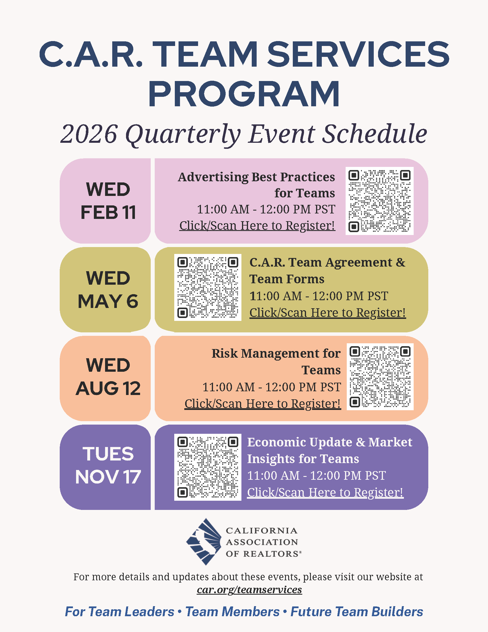Team Services Program quarterly schedule
